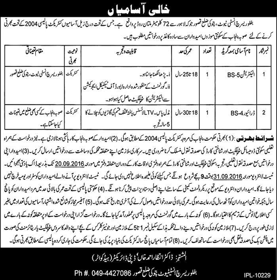 Buffalo Research Institute Pattoki Jobs August 2016 Driver & Electrician Latest