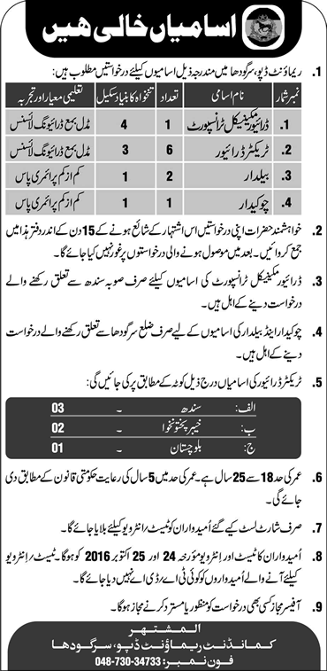 Remount Depot Sargodha Jobs 2016 October Drivers, Chowkidar & Baildar Latest