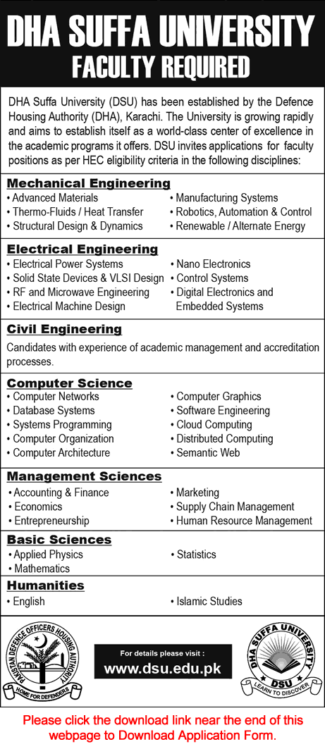 DHA Suffa University Karachi Jobs 2017 April Application Form Teaching Faculty DSU Latest