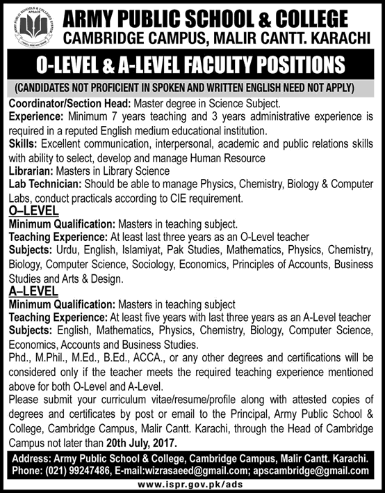 Army Public School and College Malir Cantt Karachi Jobs July 2017 Teaching Faculty APS Latest