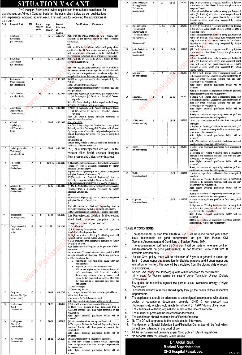 DHQ Hospital Faisalabad Jobs July 2017 Charge Nurses, Medical Officers & Others Latest / New