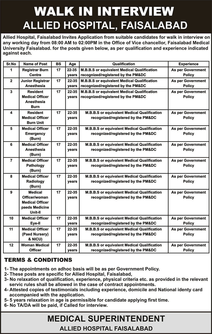 Allied Hospital Faisalabad Jobs 2017 August Walk In Interview Medical Officers & Others Latest