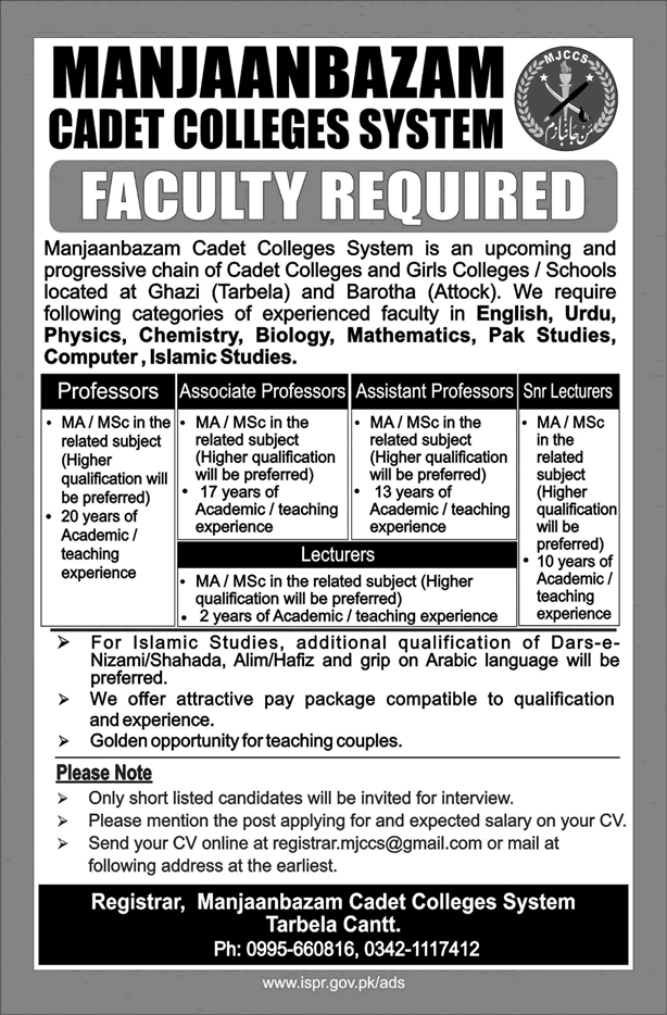 Man Janbazam Cadet Colleges Ghazi Barotha Jobs 2017 August Teaching Faculty Latest