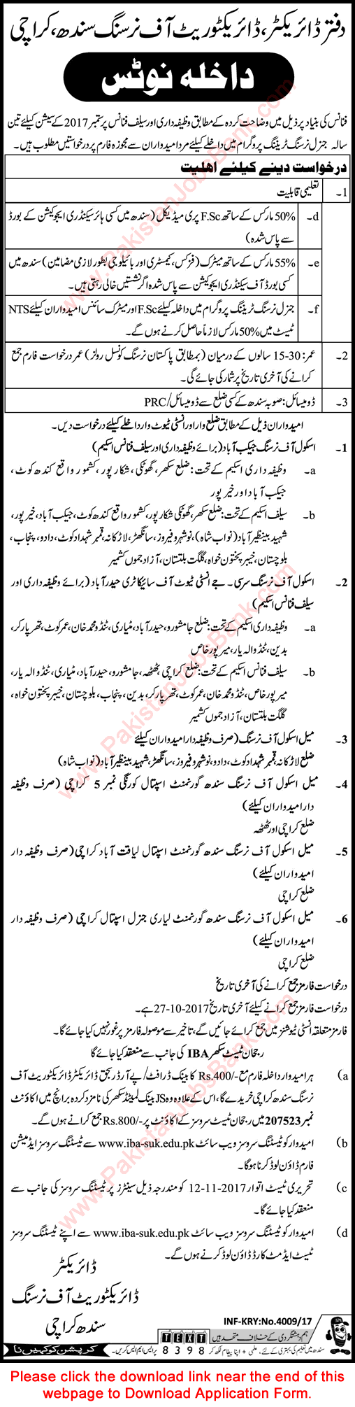 Free General Nursing Course in Directorate of Nursing Sindh 2017 October Application Form Download Latest
