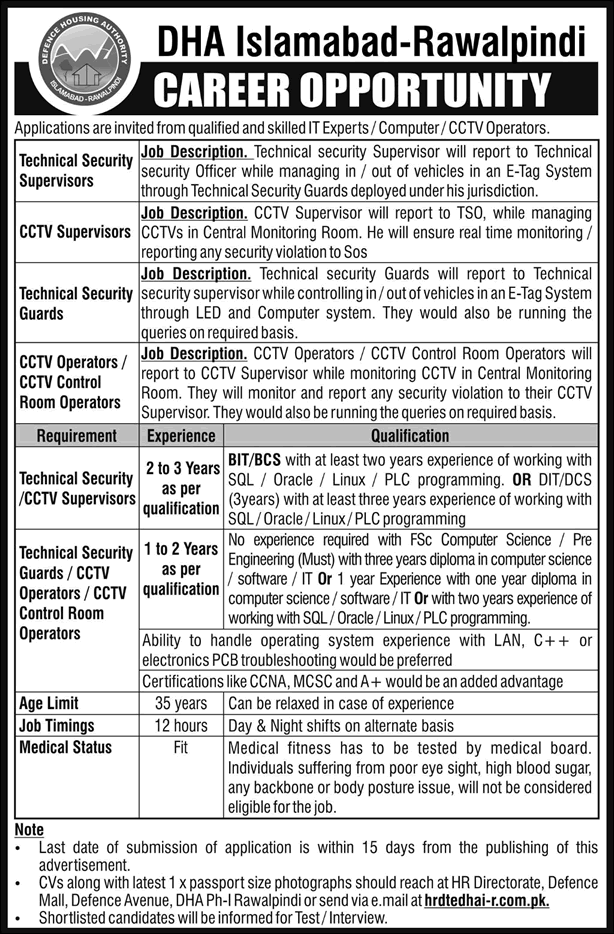 DHA Islamabad / Rawalpindi Jobs October 2017 November CCTV Operators / Supervisors & Others Latest