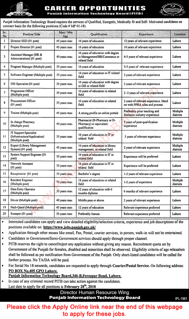 PITB Jobs February 2018 Apply Online Punjab Information Technology Board Latest Advertisement