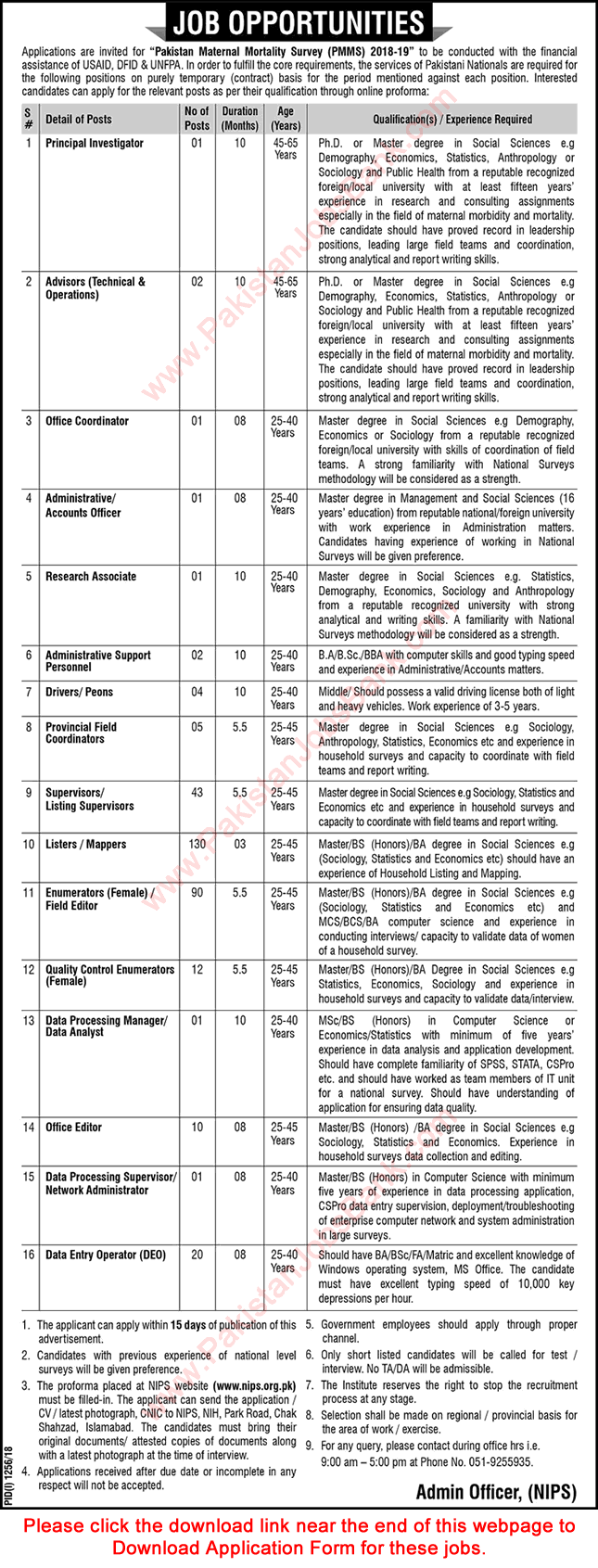 National Institute of Population Studies Jobs September 2018 NIPS Application Form Latest