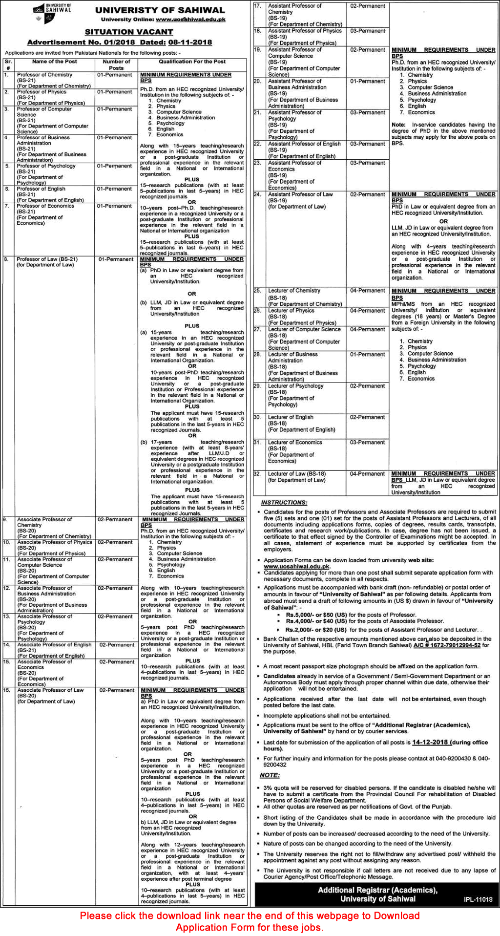 University of Sahiwal Jobs November 2018 Application Form Teaching Faculty Latest