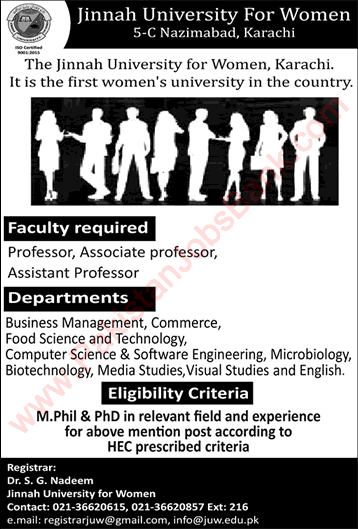 Jinnah University for Women Karachi Jobs 2019 Teaching Faculty Latest