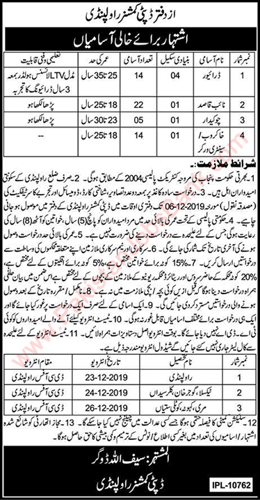 Deputy Commissioner Office Rawalpindi Jobs 2019 November DCO Naib Qasid, Drivers & Others Latest