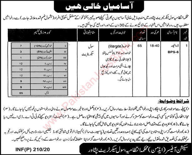 Driver Jobs in Civil Secretariat Peshawar 2020 January KPK Latest