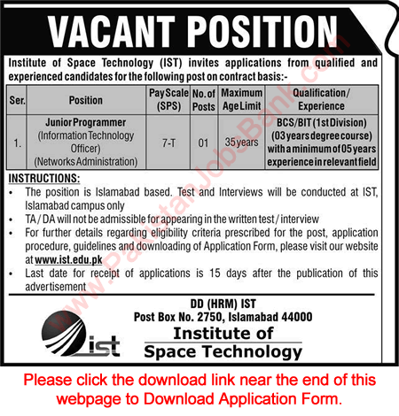 Junior Programmer Jobs in IST Islamabad May 2020 Application Form Institute of Space Technology Latest