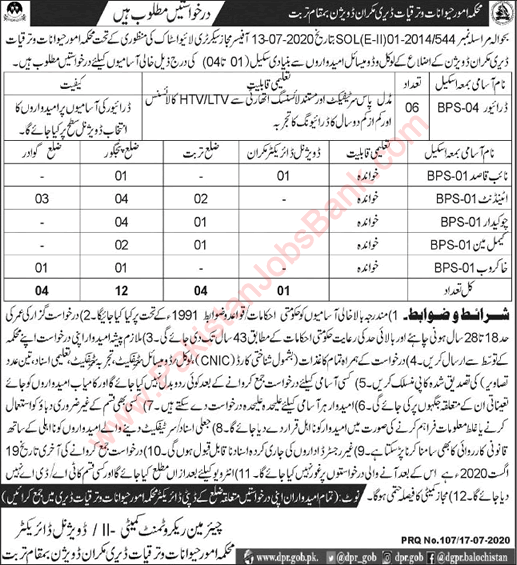 Livestock and Dairy Development Department Turbat Jobs 2020 July Attendants, Drivers & Others Latest