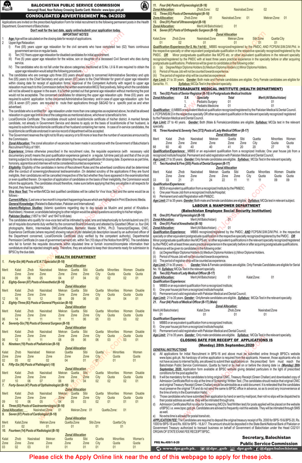 Specialist Doctor Jobs in Health Department Balochistan 2020 September BPSC Apply Online Latest