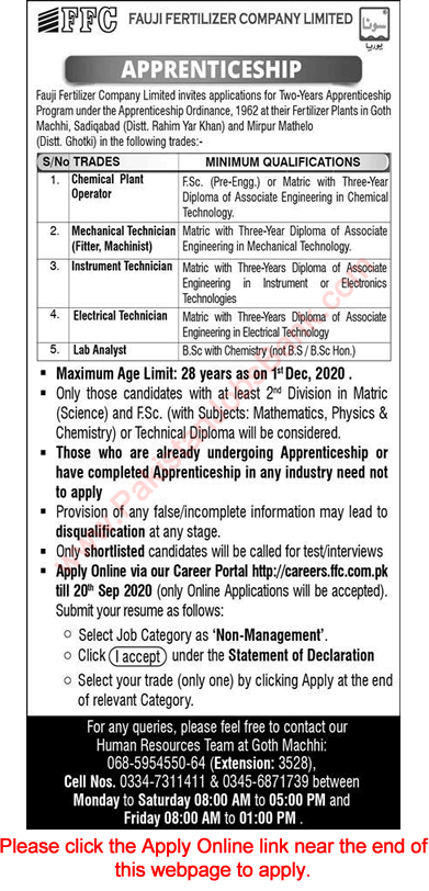 FFC Apprenticeship September 2020 Apply Online Fauji Fertilizer Company Limited Latest