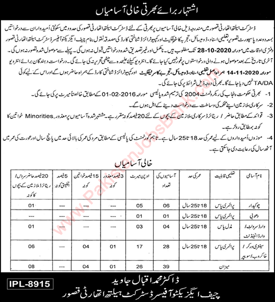 Health Department Kasur Jobs October 2020 Sanitary Workers, Chowkidar & Others Latest