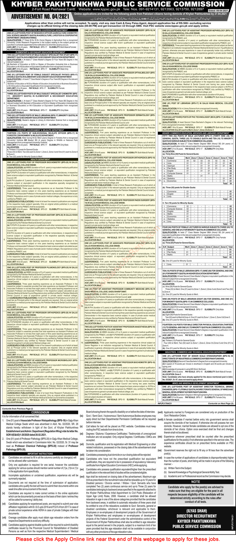 Health Department KPK Jobs April 2021 KPPSC Online Apply Teaching Faculty & Others Latest