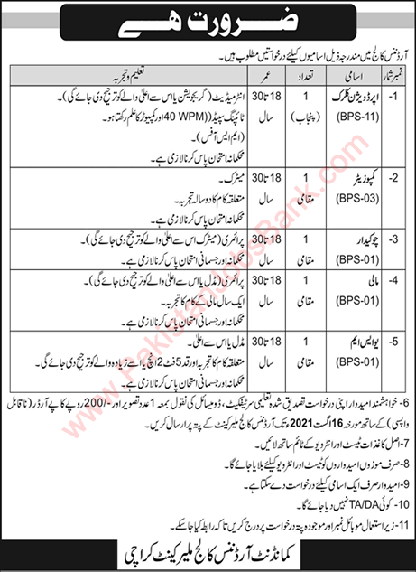 Ordnance College Malir Cantt Karachi Jobs 2021 August Clerk & Others Latest