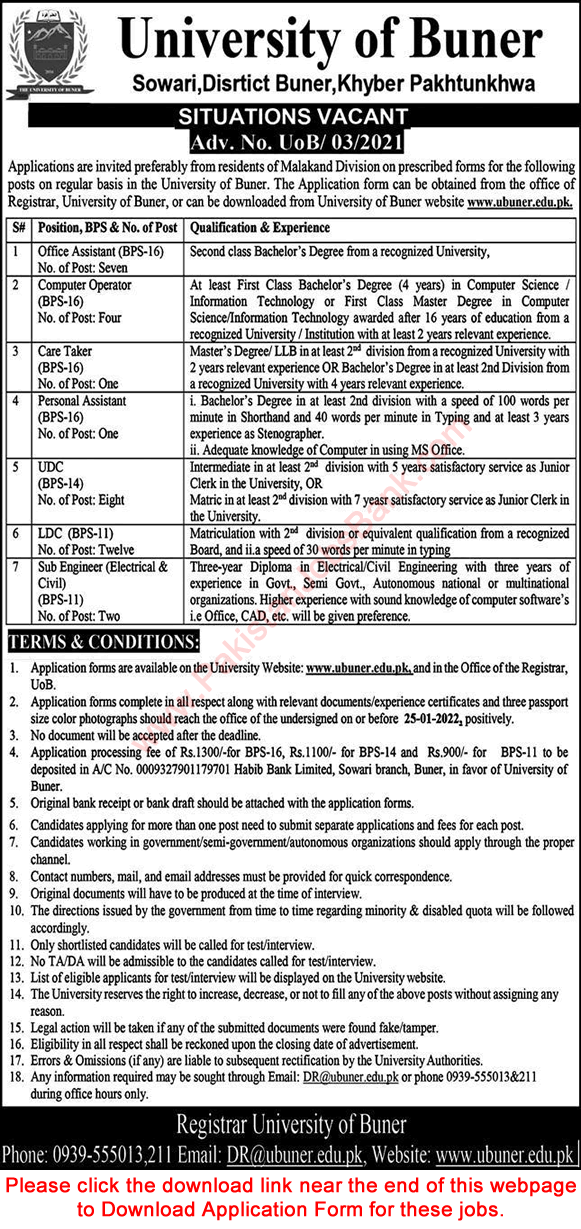 University of Buner Jobs 2021 December Application Form Clerks, Office Assistants & Others Latest