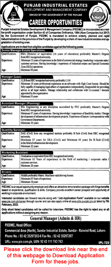 PIEDMC Jobs 2022 Application Form Punjab Industrial Estates Development and Management Company Latest