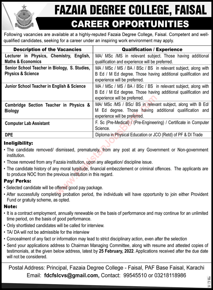 Fazaia Degree College Faisal Karachi Jobs February 2022 Teaching Faculty & Others Latest