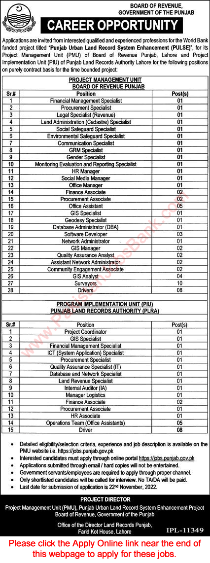 Board of Revenue Punjab Jobs November 2022 Specialists, Assistant Managers, Surveyors & Others Latest