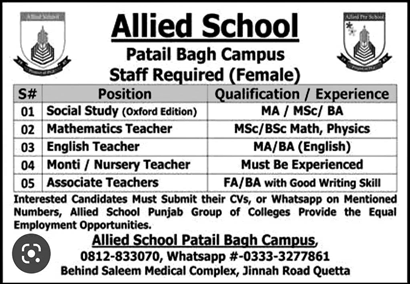 Teaching Jobs in Allied School Patail Bagh Campus Quetta 2023 April Female Teachers Latest