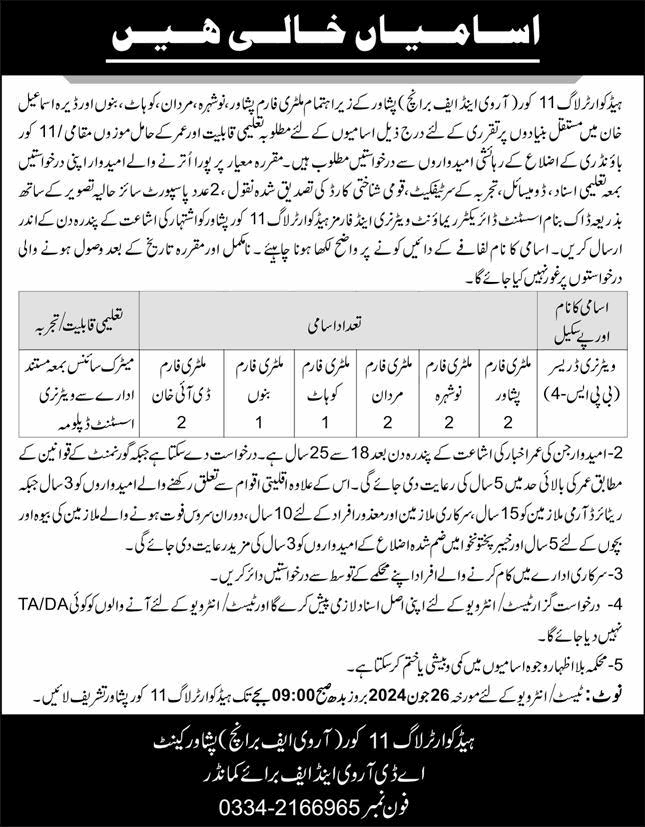 Veterinary Dresser Jobs in Headquarter Log 11 Corps Peshawar 2024 June Pakistan Army Latest