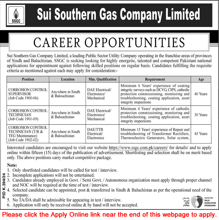 SSGC Jobs August 2024 Apply Online Corrosion Control Technicians & Supervisors Latest
