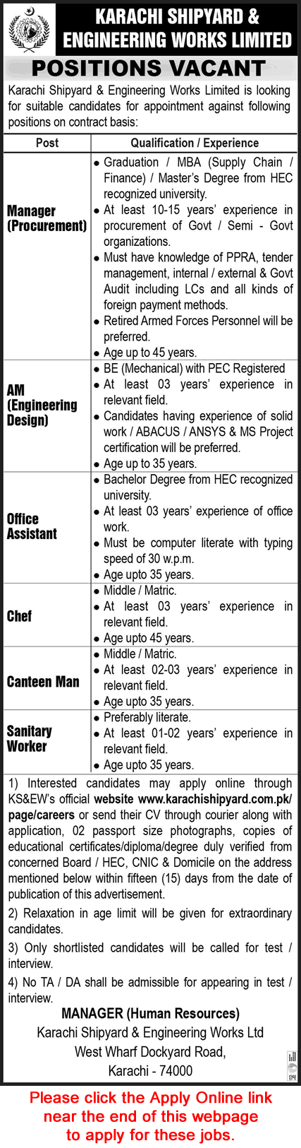 Karachi Shipyard and Engineering Works Jobs August 2024 Apply Online Office Assistant & Others Latest