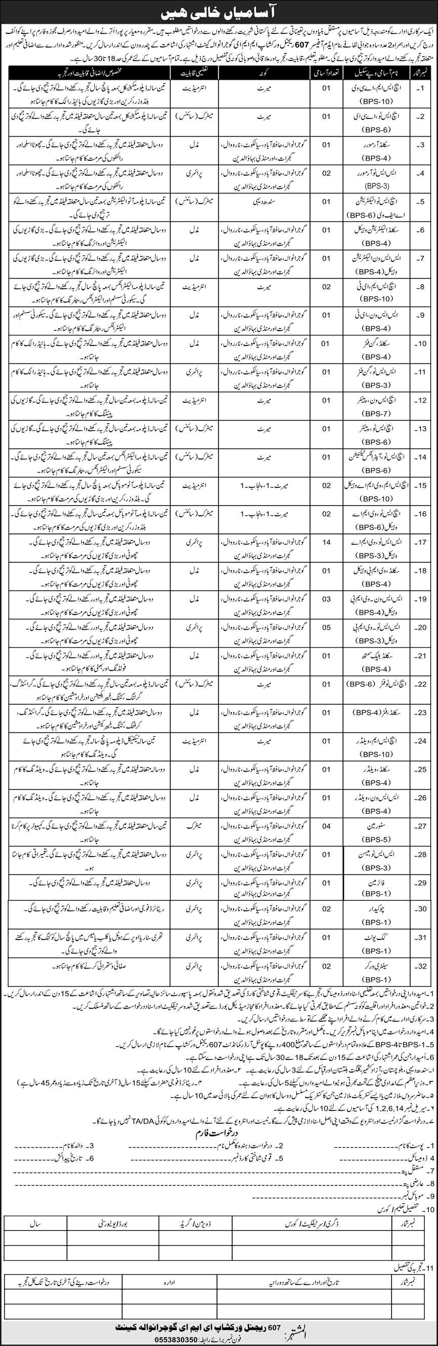 607 Regional Workshop EME Gujranwala Jobs 2024 August Vehicle Mechanics & Others Pakistan Army Latest