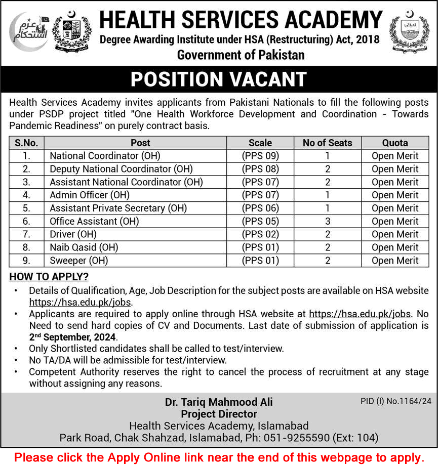 Health Services Academy Islamabad Jobs August 2024 Apply Online Office Assistants, Naib Qasid & Others Latest