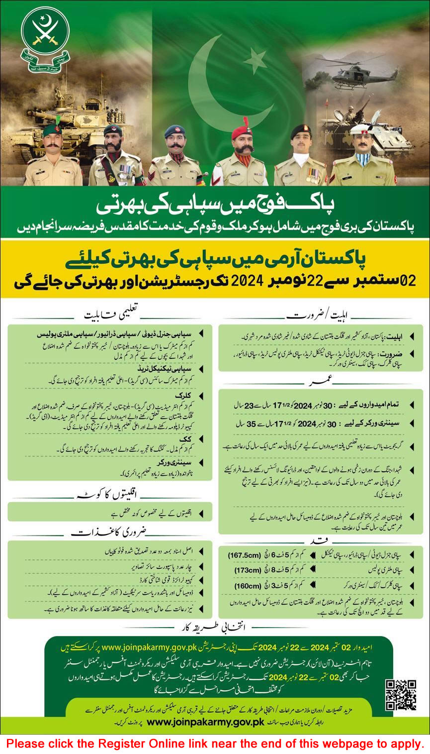 Sipahi Jobs in Pakistan Army August 2024 September Online Registration Clerk, Cooks, Drivers, Military Police & Sanitary Worker Latest