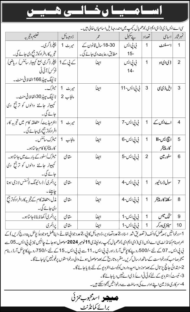 Central Aviation Spares Depot EME Rawalpindi Jobs 2024 October / November Clerks & Others CASD Dhamial Camp Latest