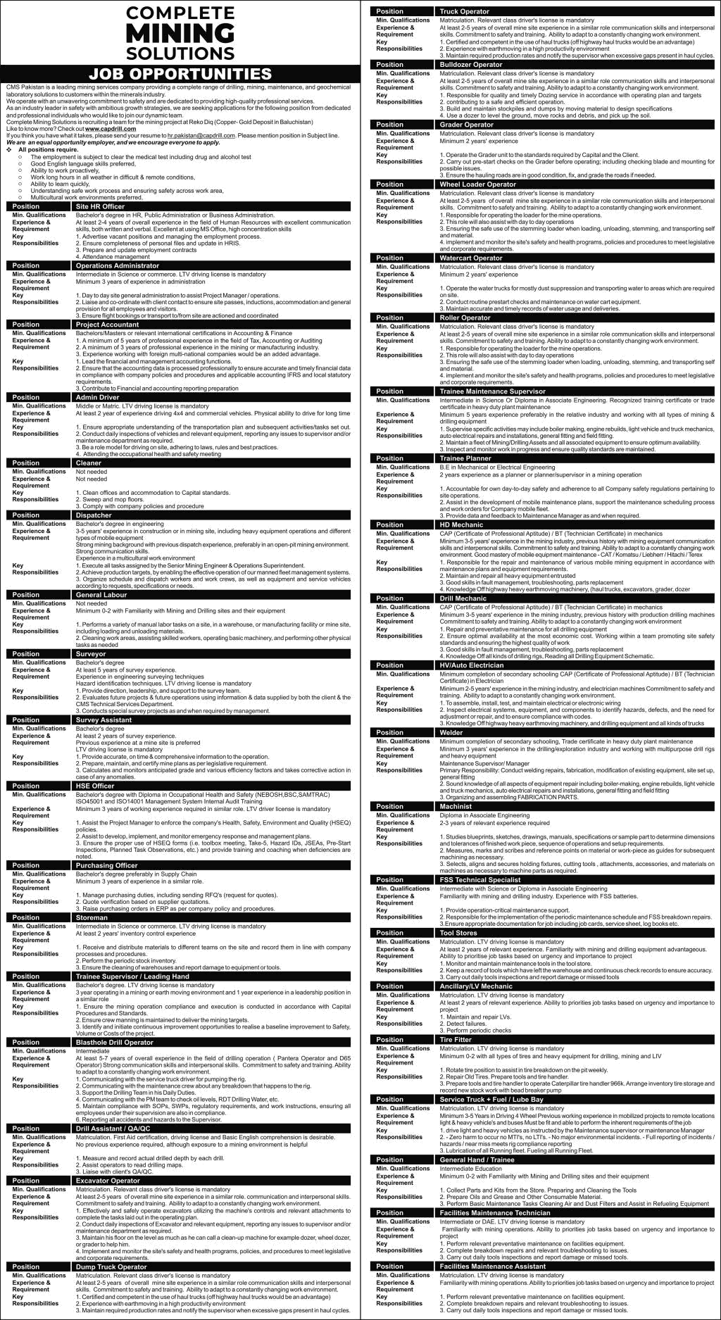 Complete Mining Solutions Pakistan Jobs 2025 February Trainee Maintenance Supervisor, Planner & Others CMS Latest
