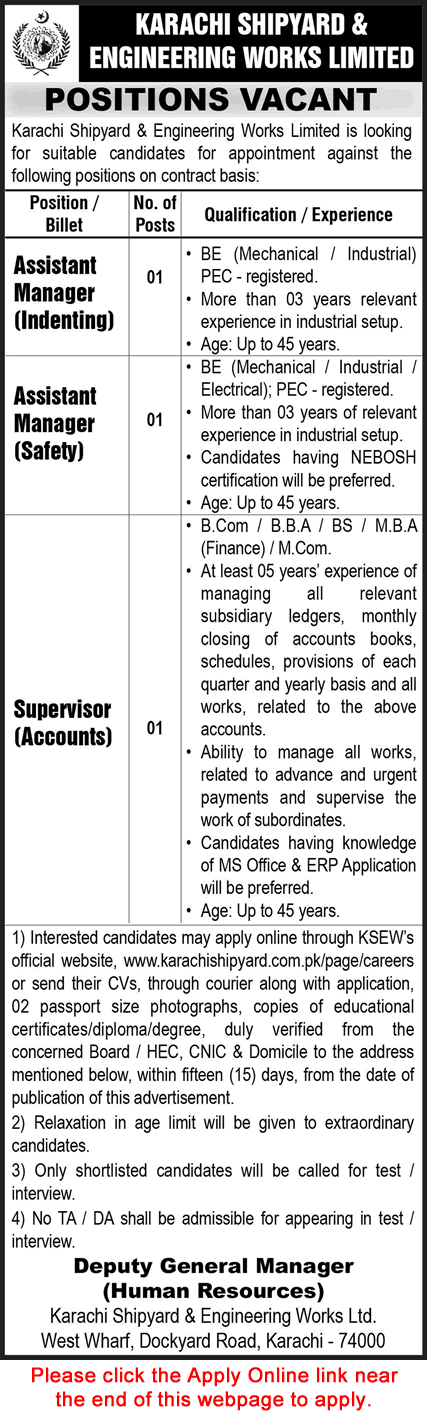 Karachi Shipyard and Engineering Works Jobs February 2025 Apply Online Assistant Managers & Accounts Supervisor Latest