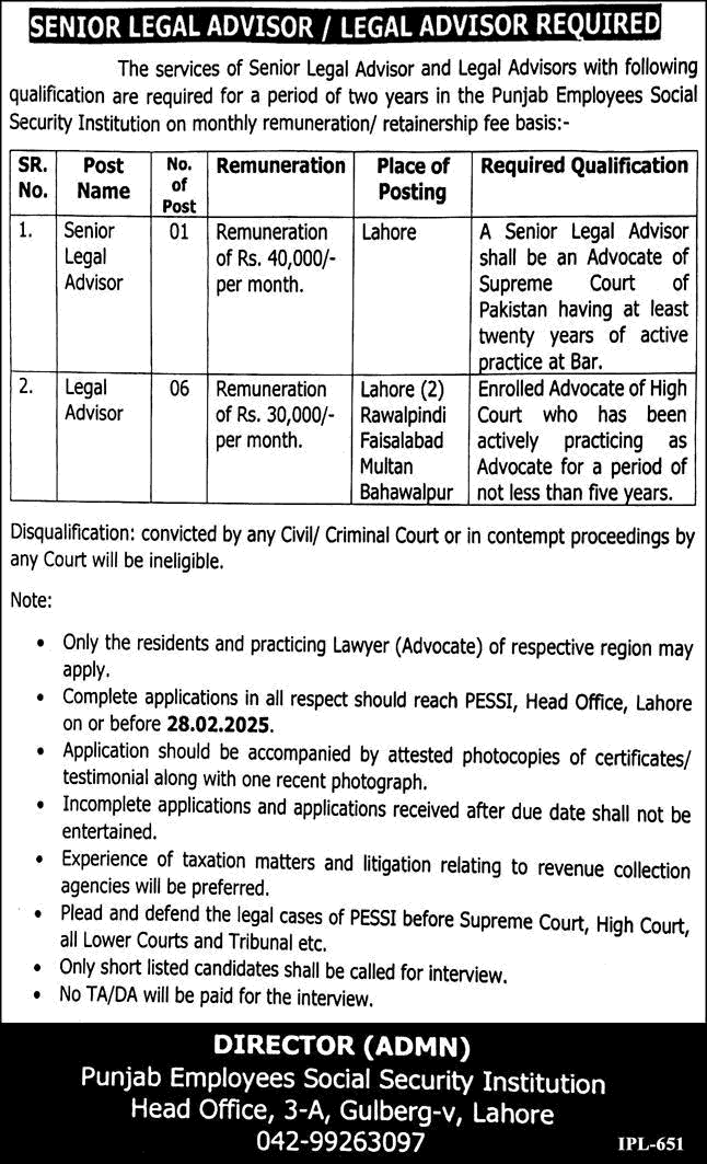 Legal Advisor Jobs in Punjab Employees Social Security Institution 2025 February PESSI Latest