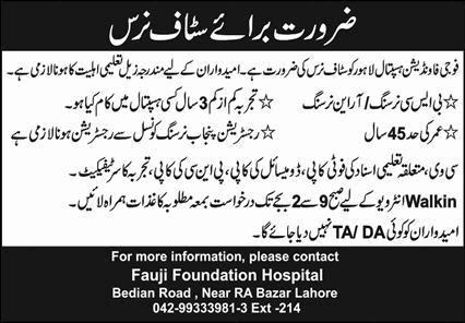 Staff Nurse Jobs in Fauji Foundation Hospital Lahore 2025 March FFH Latest