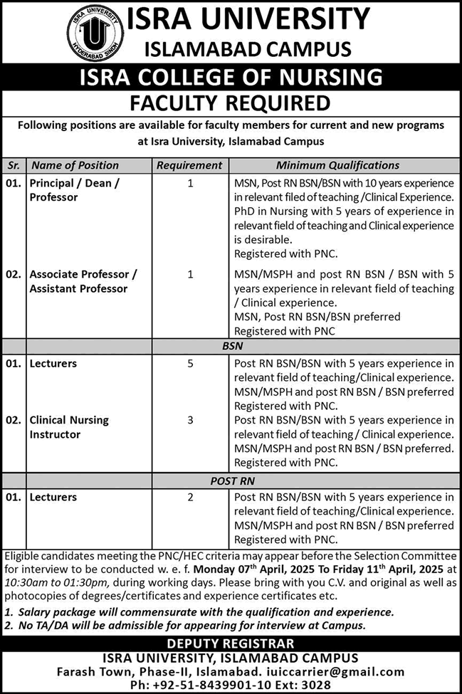 Isra University Islamabad Jobs March 2025 Teaching Faculty College of Nursing Latest