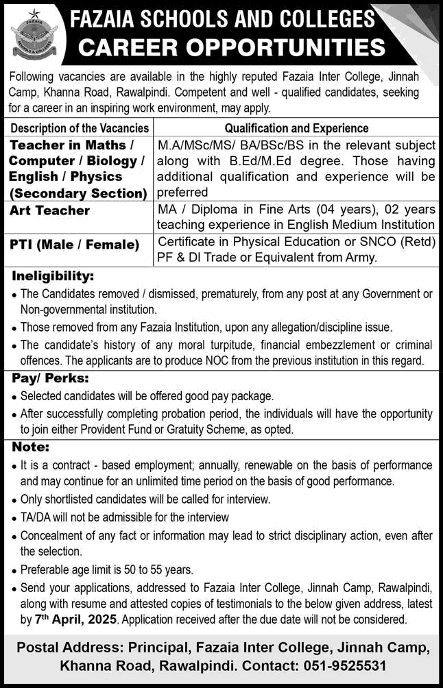 Fazaia Inter College Jinnah Camp Rawalpindi Jobs March 2025 April Teachers & PTI Latest