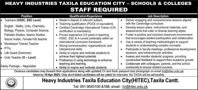 Heavy Industries Taxila Education City Jobs 2025 April Teachers & Others HITEC Schools & Colleges Latest