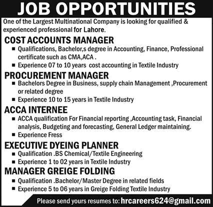 Multinational Company Jobs in Lahore 2025 April ACCA Internee, Accounts Manager & Others Latest