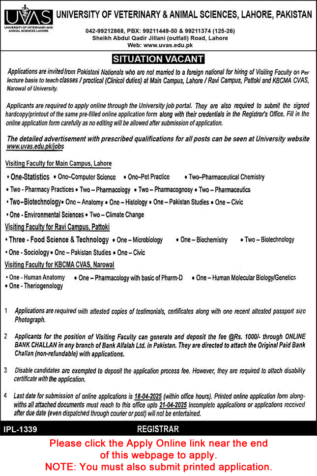 Visiting / Teaching Faculty Jobs in University of Veterinary and Animal Sciences Lahore 2025 April Apply Online UVAS Latest