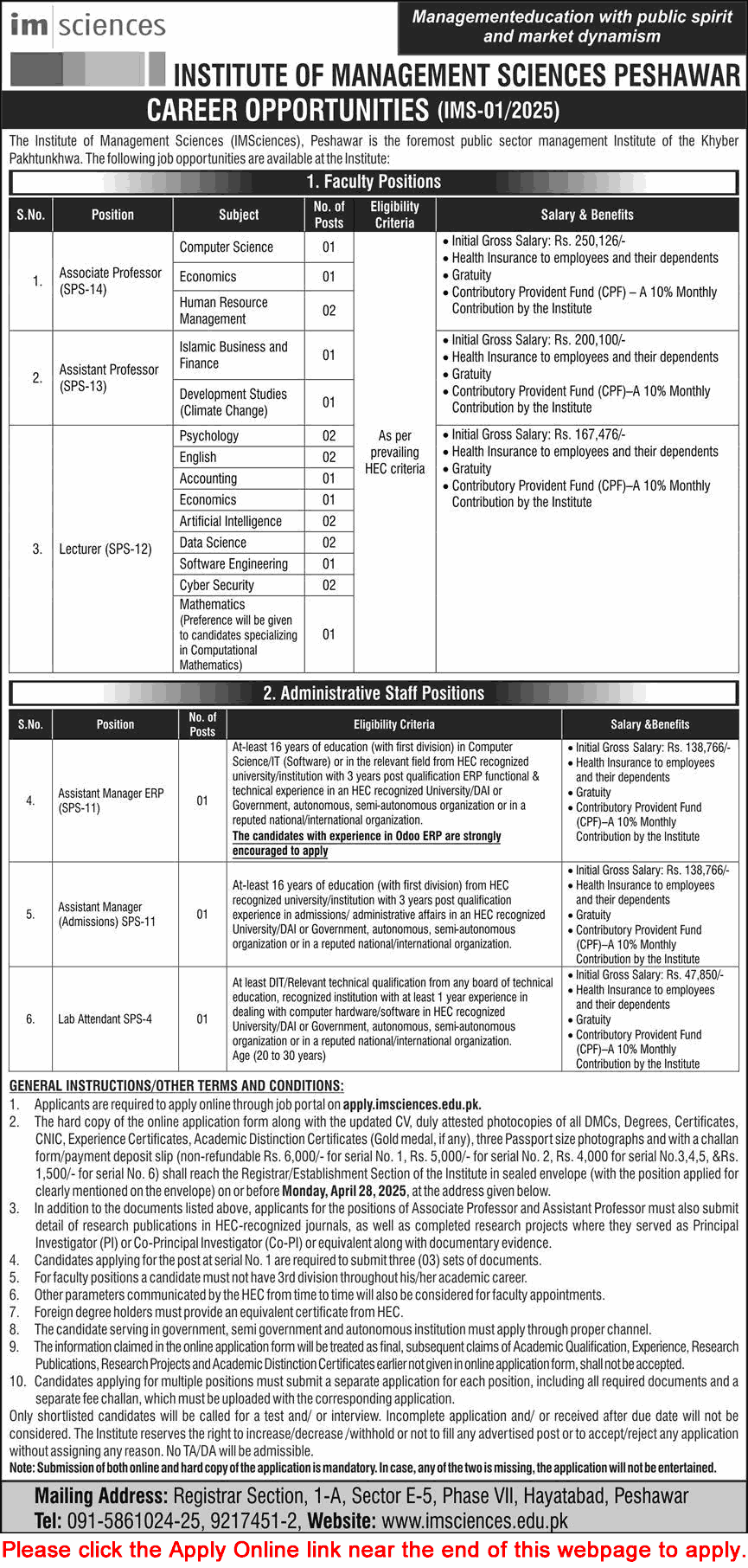 Institute of Management Sciences Peshawar Jobs April 2025 Apply Online Teaching Faculty & Others IMSciences Latest