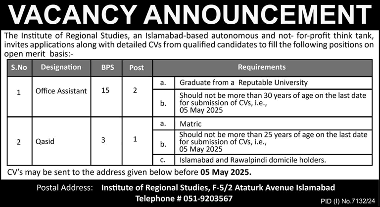 Institute of Regional Studies Islamabad Jobs 2025 April Office Assistant & Qasid IRS Latest