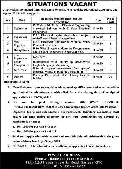 Pioneer Mining and Trading Services Haripur Jobs 2025 April Drivers, Sub Engineers & Others Latest