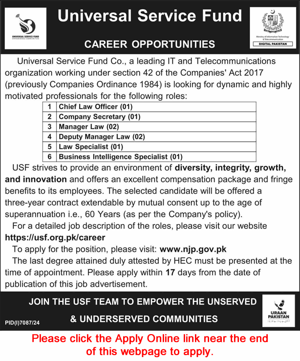 Universal Service Fund Islamabad Jobs 2025 April Apply Online Law Managers & Others USF Latest