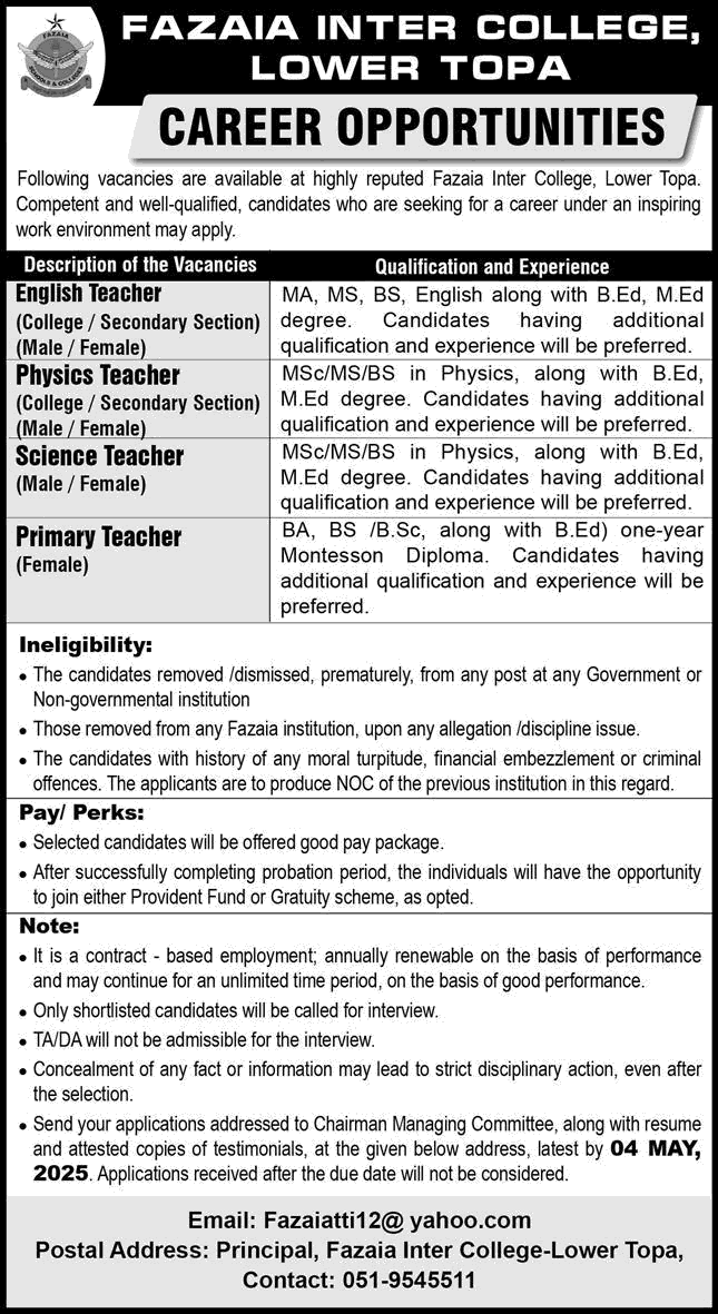 Fazaia Inter College Lower Topa Murree Jobs April 2025 May Teaching Faculty FIC Latest