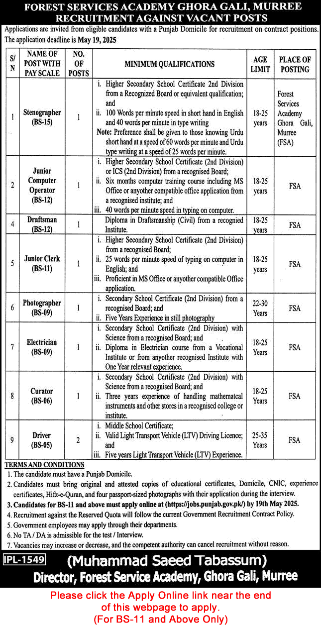 Forest Services Academy Ghora Gali Murree Jobs 2025 April / May Apply Online Drivers, Clerk & Others Latest