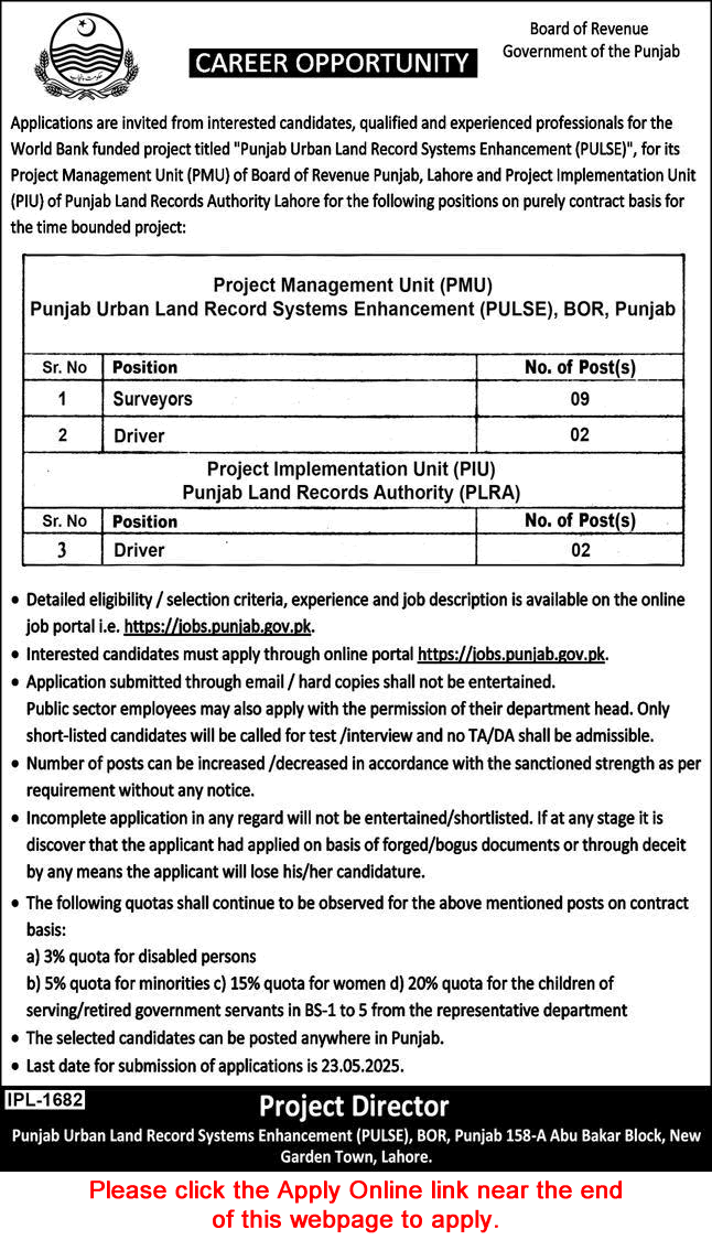 Board of Revenue Punjab Jobs May 2025 Apply Online Surveyors & Drivers BOR Latest